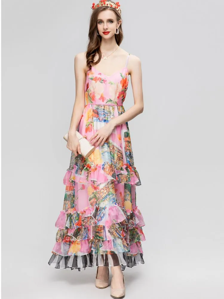 Women`s Runway Dress Sexy V Neck Spaghetti Straps Floral Printed Tiered Ruffles Fashion Designer Holiday Long Vestidos