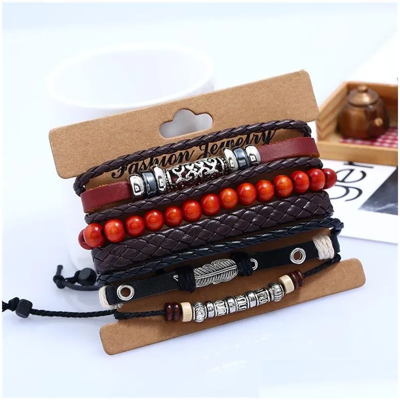vintage punk bracelets fashion alloy genuine leather bangles men leaf beads strands for jewelry multilayer braided wrap charm bracelet