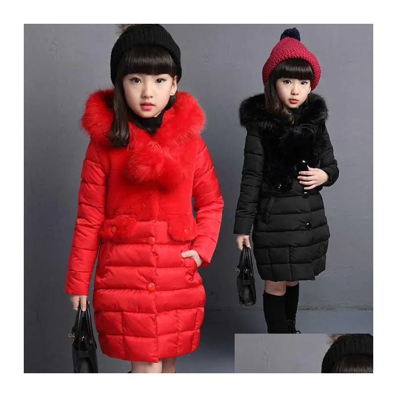 Winter Girls Down Jackets Warm Long Fur Parka Children`s Windproof Thick Coats Teenage Solid Fur Collar Outerwear Girls Snowsuit