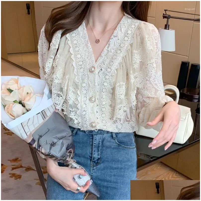 Women`s Blouses Autumn 2022 Fashion Blusas Elegantes Female V-neck Long-sleeved Lace Hook Hollow Shirts Beading Flare Sleeve Drop 1133