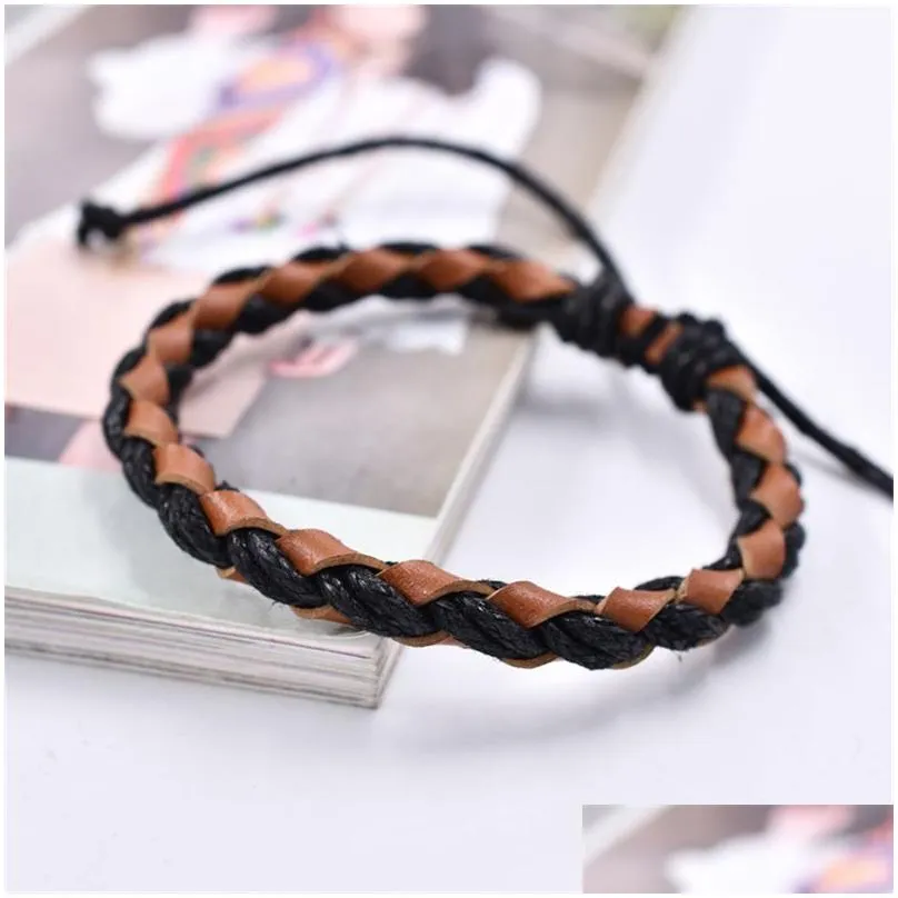handmade braided bangle bracelets chains wax rope genuine leather woven bracelet for women black brown fashion trend men punk jewelry