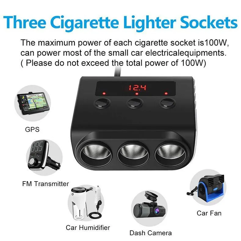 Car Holder Tr12 4Usb  Cigarette Lighter Mti Socket Triple Splitter With Switch Voltage Display Adapter 100W Drop Delivery Autom