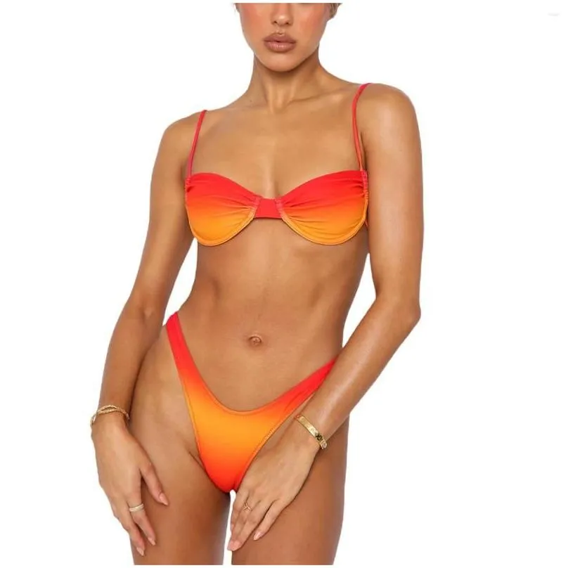 Women`s Swimwear Two Piece Bikini Set For Women High Waisted V Neck Thong Split Tie-up 2pcs Summer Swimsuits