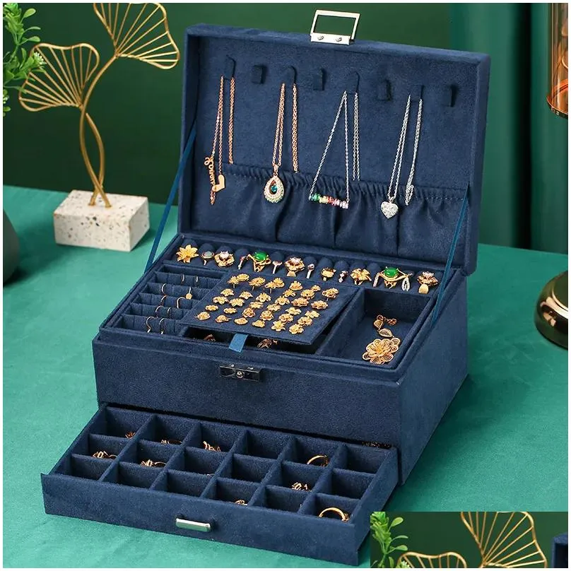 Jewelry Boxes We Oversized 3-Layes Black Flannel Box Boite A Bijou Organizer Necklace Earring Ring Storage For Drop Delivery Dht6K