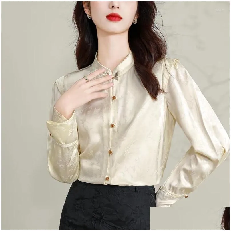 Women`s Blouses Satin Chinese Style Shirt Flower Vintage Silk Fashion Clothing Loose Long Sleeves Women Tops YCMYUNYAN