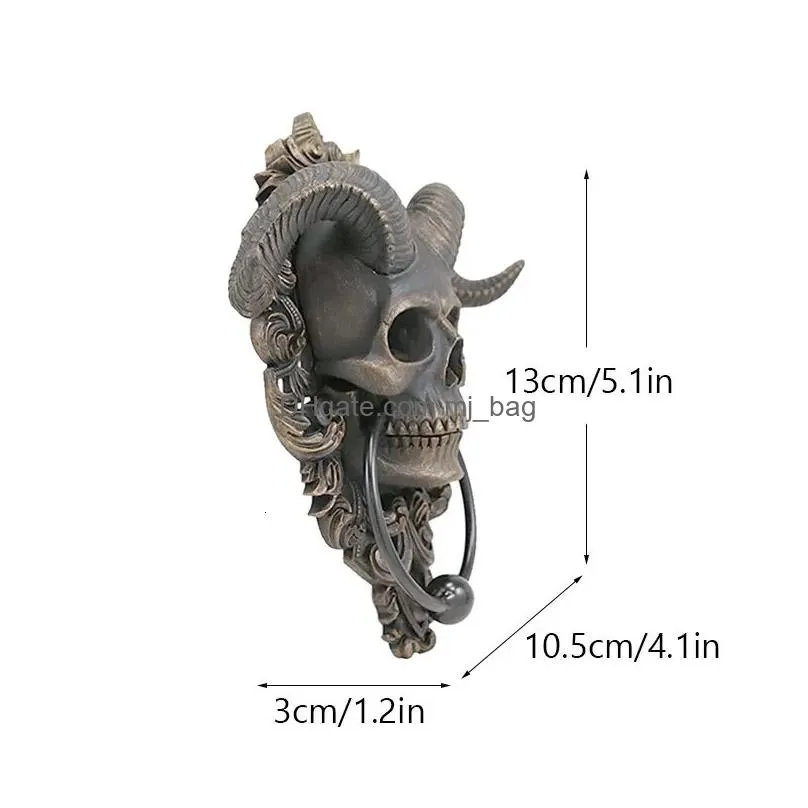 Decorative Objects & Figurines Resin Punk Satan Skl Sheep Head Ring Statues Wall Hanging Decoration Home Door Knocker Interior Object Dhjdd