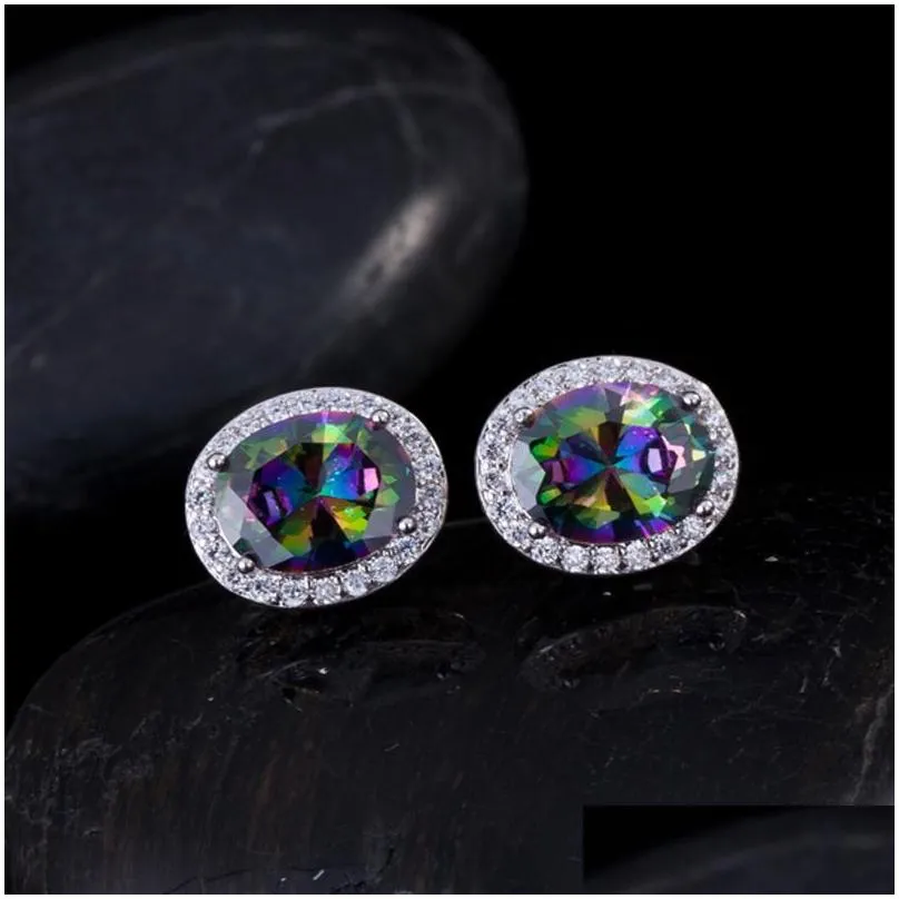 Stud Fashion Mticolor Oval Earring Designer For Woman Aaa Cubic Zirconia Copper Jewelry White Black Red Yellow Green Sier Plated Ear Dhsgw