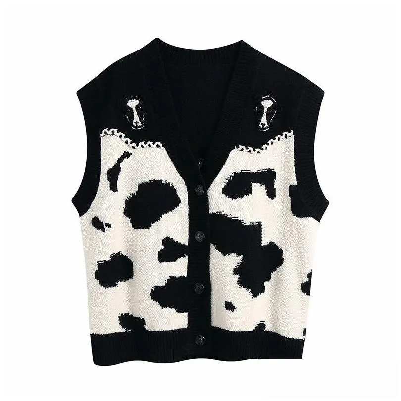 Evfer Women Spring Fashion Knitted Cow Print Za Cardigans Vest Female Casual Sleeveless V-Neck Single Breasted Loose Sweaters 210421