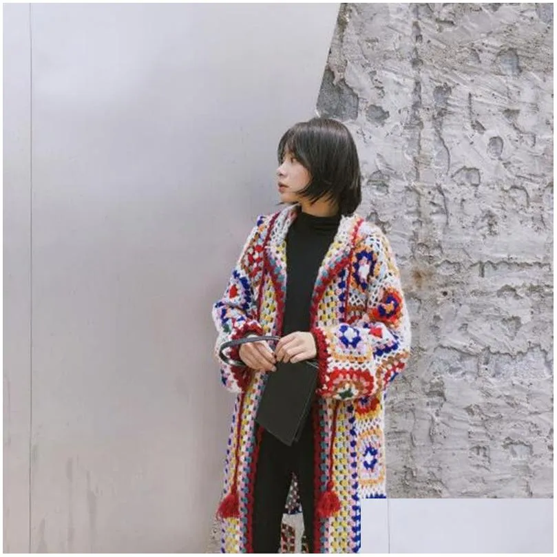 Free Shipping Vintage Knitting Long Mid-calf Coat Women Hand Made Chinese Style Outerwear Long Sleeve Patchwork Hooded Dresses 201030