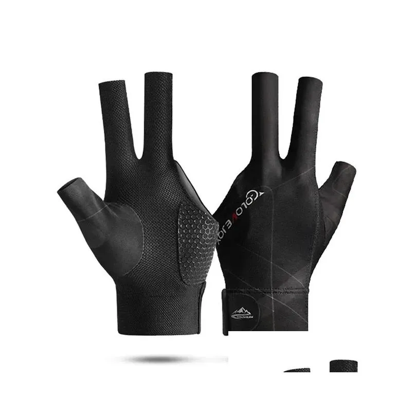 Billiard Accessories Open Finger Pool Gloves Adjustable Sticker Polyester Snooker Billiards Smooth Soft Portable Training Drop Deliver Dh4Wz