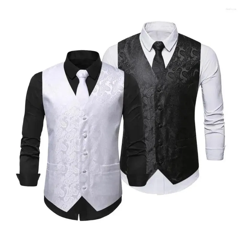 Men`s Vests Men Waistcoat Cashew Nut Print Tie Kerchief Set Stylish With Business For Spring