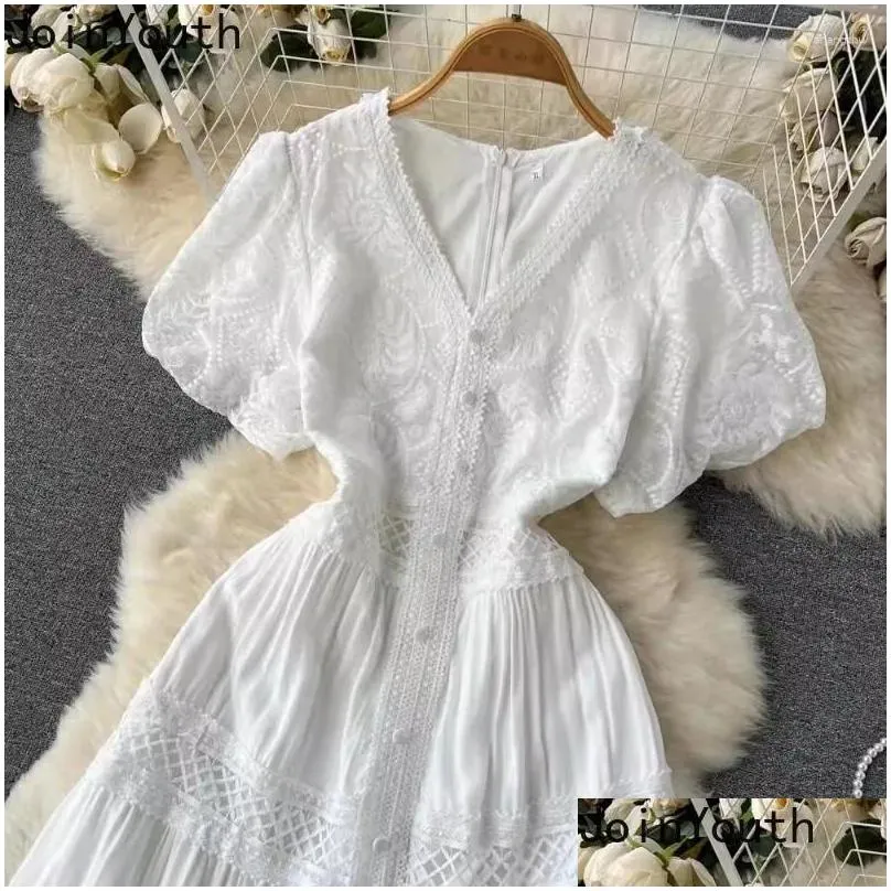 Casual Dresses Summer Dress For Women Sleeve V-neck Tunic Roe Femme Vintage Hollow Out A-line White 2024 Vestidos De Mujer