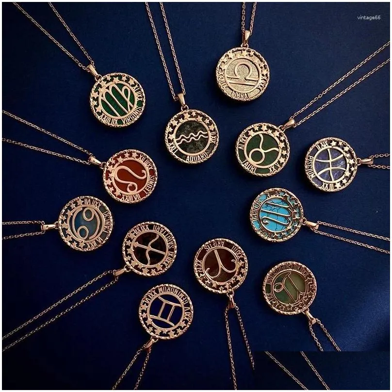 Pendant Necklaces 12 Zodiac Signs Creative Design Semi-Precious Stones Coin Long Necklace For Women Couple Jewelry Drop Delivery Dhrvq