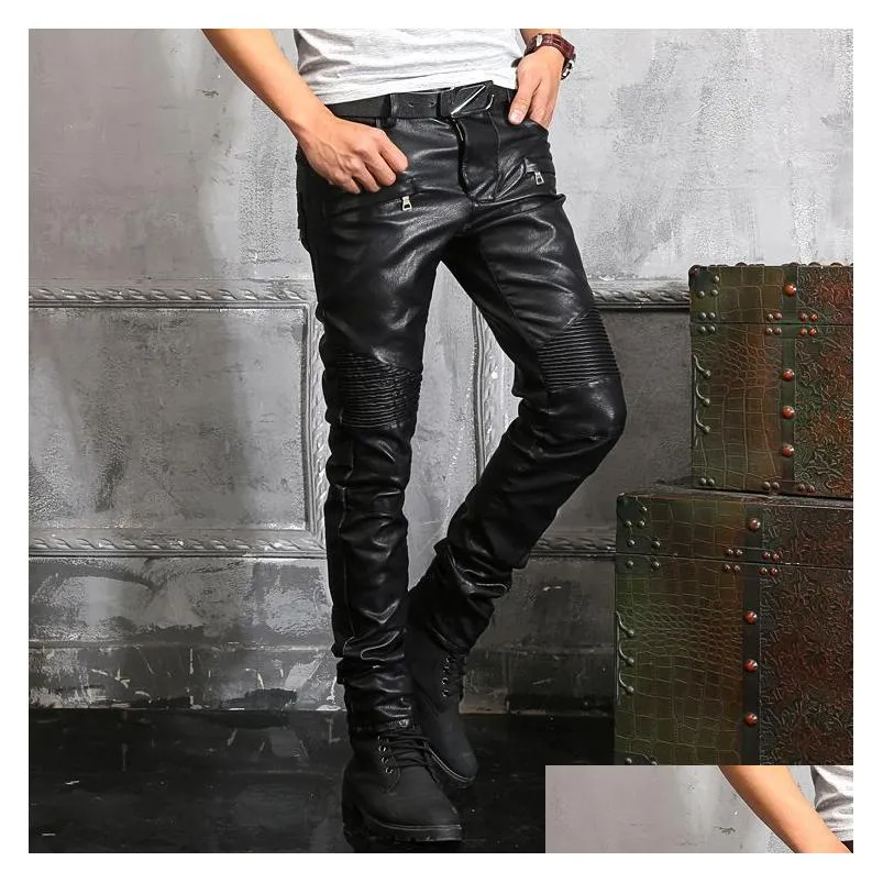 Men`S Jeans Mens Leather Trousers Men Motorcycle Black Pants Fashion Pu Riding Waterproof Motor Biker Male Street Plus Size 230330 Dr Dhn75