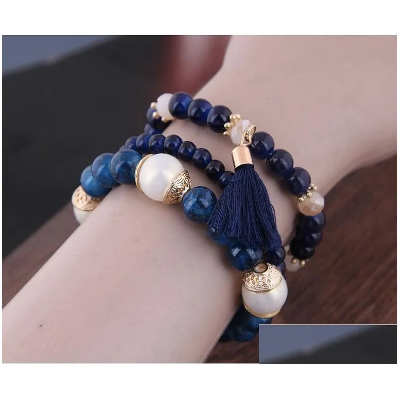 2019 Bohemian 3pcs Set Tassel Charm Pendant Beads Bracelets For Women Simulated Pearl Jewelry Womens Bracelet Set Boho273T