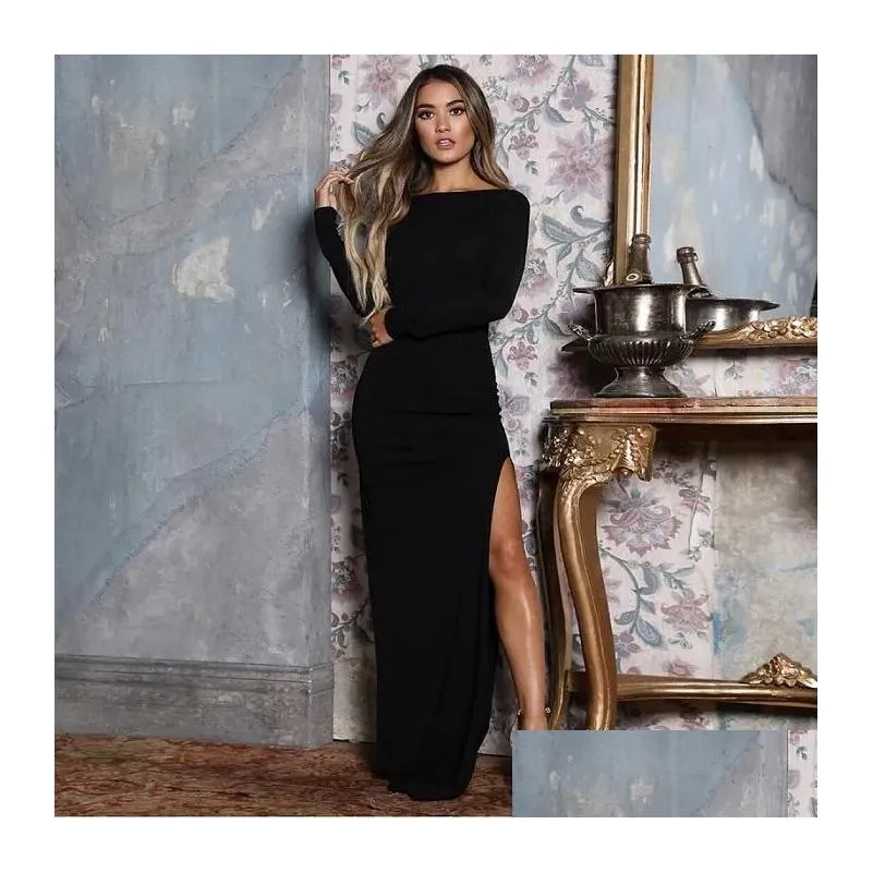 Long Sleeve Elegant Party Maxi Dress Solid Side High Split Backless Sexy Dresses Black Yellow Wrap Vestidos Femme 6 Colors Casual