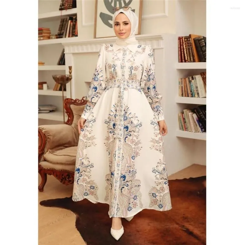 Ethnic Clothing Elegant Muslim Women Shirt Dress Morocan Kaftan Long Sleeve Turkey Dubai Print Abaya Islamic Arab Gown Vestido Dresses