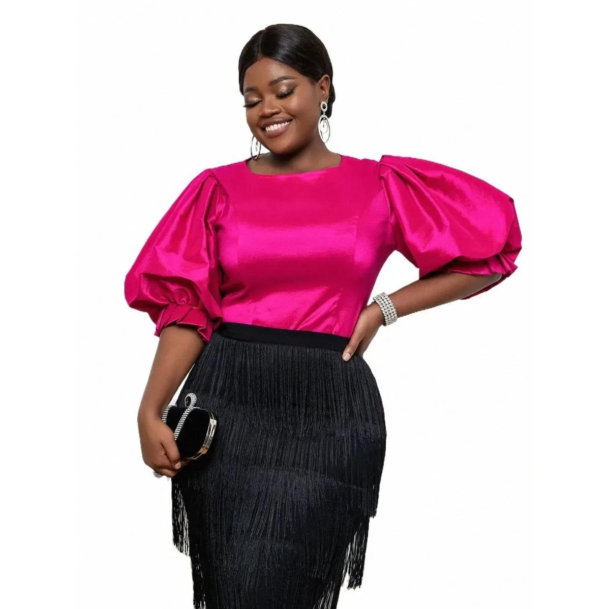 plus Size Cute Pink Blouse Tops for Women Summer Shiny Ruffles Lantern Sleeve Sweet Shirt Elegant Office Wear Trendy Clothes Y7HE#