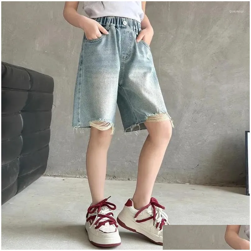 Shorts Teenage Girls Summer Fashion Elastic Waist Cotton School Denim Knee-Length Pants Kids 4 6 8 10 11 12 13 14 Year