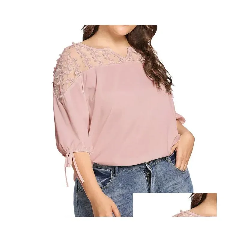 women Plue Size Blouses Tops Lace Mesh Sheer Chiff Ribbs Lantern Half Sleeve Net Yarn Blouses Top Oversizeed Shirts Blusas c2TO#