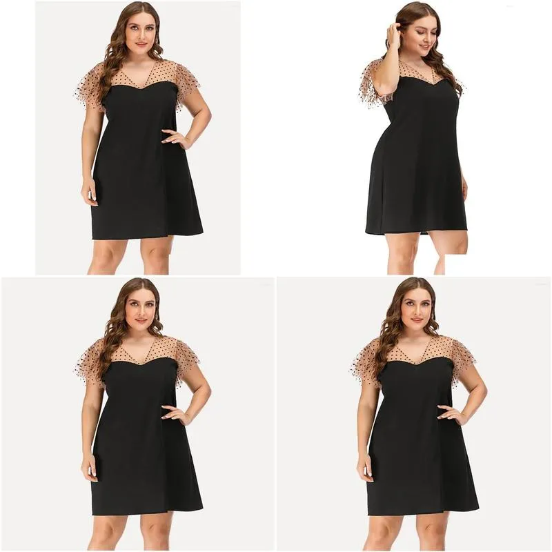 Plus Size Dresses Women Casual Dress Summer 2023 Sexy Hollow Out Evening Party Mesh Fashion Patchwork Short Sleeve Club Outfits