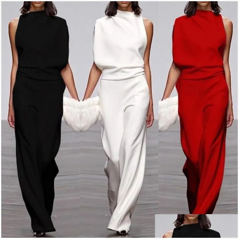 Women`S Jumpsuits & Rompers Womens One-Shoder Sleeve Casual Commuting Jumpsuit Formal Knitted Solid Straight Y Costume White Summer D Dhjda