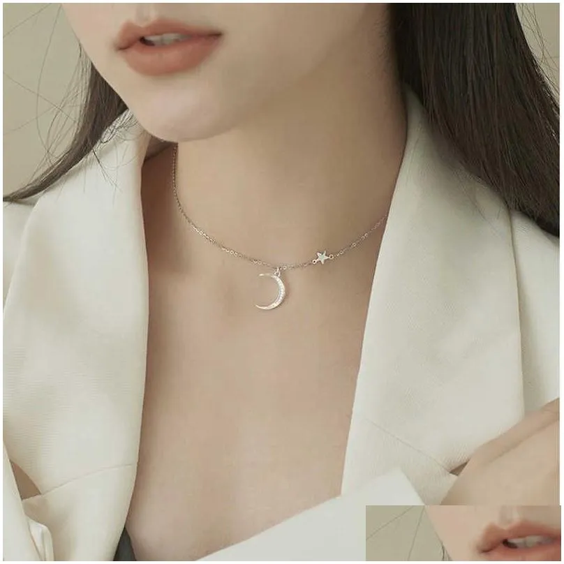 Chains 925 Sterling Sier Moon Pendant Necklace Woman Simple Clavicle Chain Shiny Zircon Collar Gift For Girls Exquisite Jewelry L23070 Dhp2I