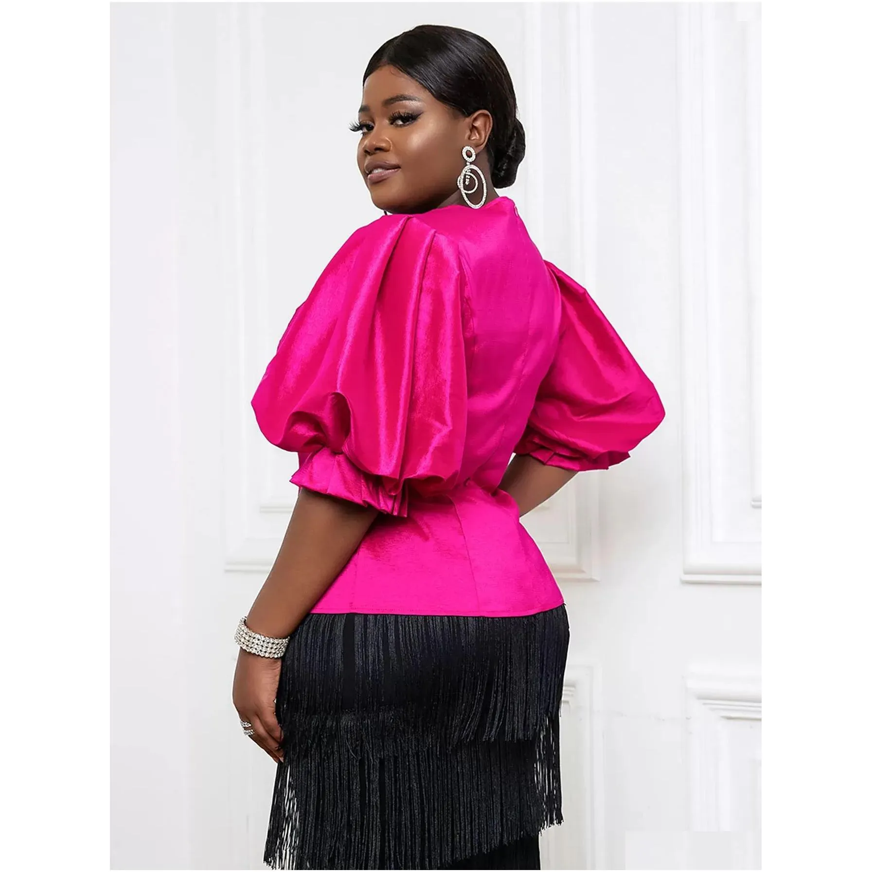 plus Size Cute Pink Blouse Tops for Women Summer Shiny Ruffles Lantern Sleeve Sweet Shirt Elegant Office Wear Trendy Clothes Y7HE#