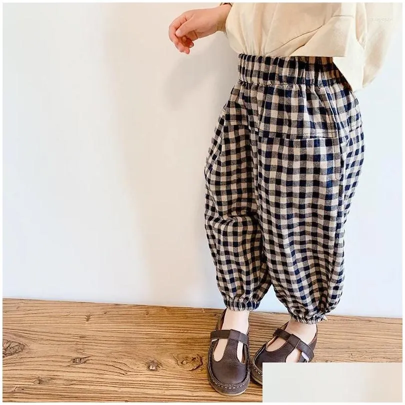 Trousers Girls` Spring Plaid Pants Style Children`s Loose Tight Korean Casual Cotton And Linen