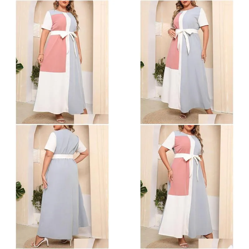 Plus Size Dresses Dress For Women 2022 Fashion Summer Short Sleeve Contrast Multicolor Elegant Belted Loose Maxi Long