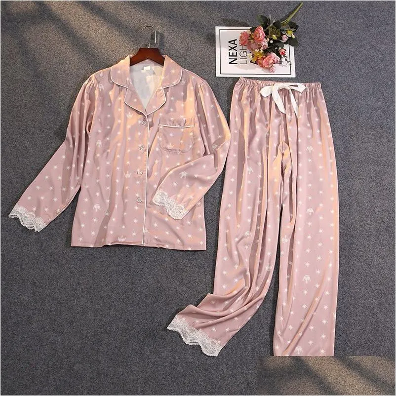 Women`s Sleepwear Lisacmvpnel Women`s Summer Two Piece Pajamas Ice Silk Satin Thin Coat Print Lace Pajamas 230329