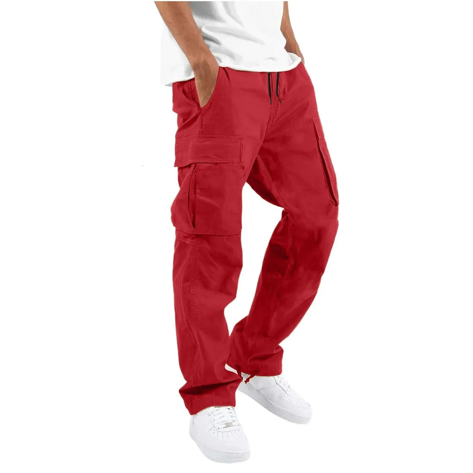 Men`S Pants Cargo Trousers For Men Fl Length Solid Color Loose Mti-Pocket Dstring Pockets Male 3Xl 240112 Drop Delivery Apparel Cloth Dhtly