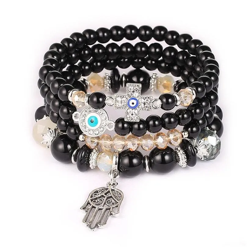 cross evil eye charms bracelets fashion design fatima hamsa hand bracelet bangle for women multilayer braided handmade men beads pulseras jewelry accessories
