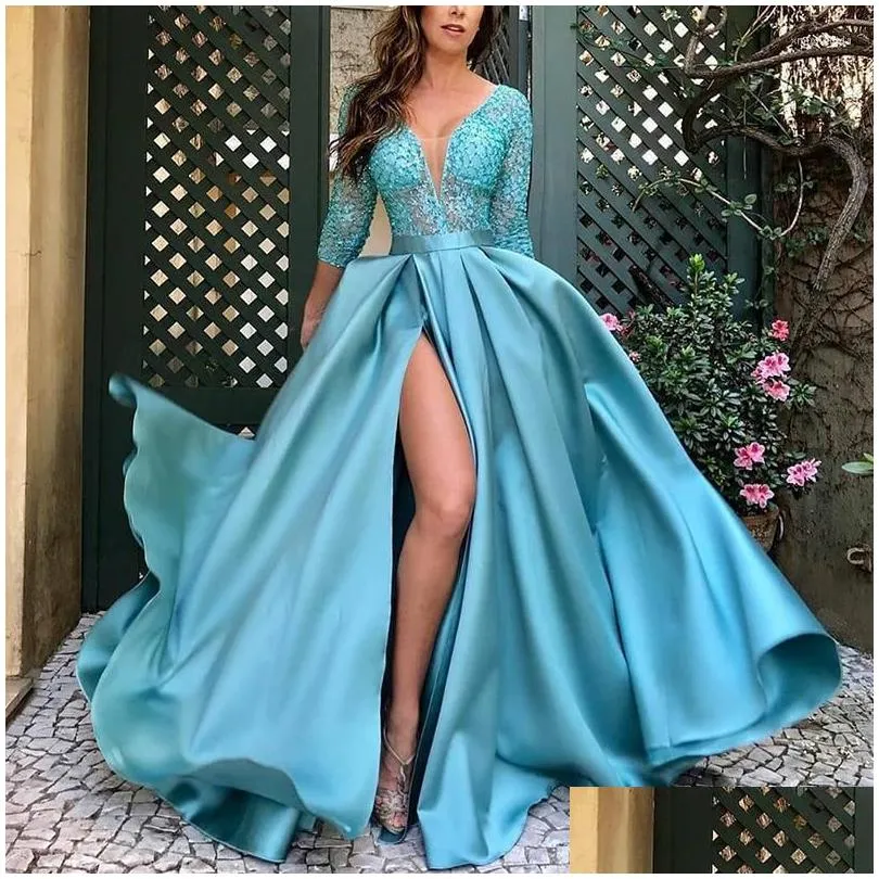 Basic & Casual Dresses 2023 Women Elegant Party Wedding Long Lady Chic Satin Y V-Neck Skirt Tail Solid Color Evening Drop Delivery Ap Dhevc