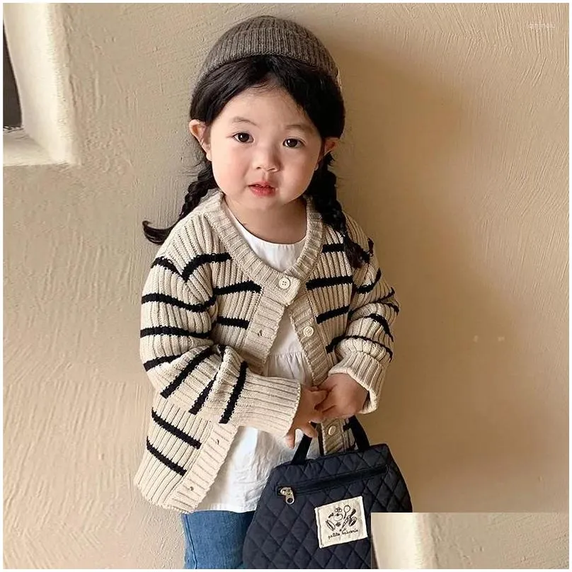 Jackets Children Clothing Kids Sweater 2024 Spring Autumn Fashionable Korean Style Striped Knitted Cardigan Single Breasted