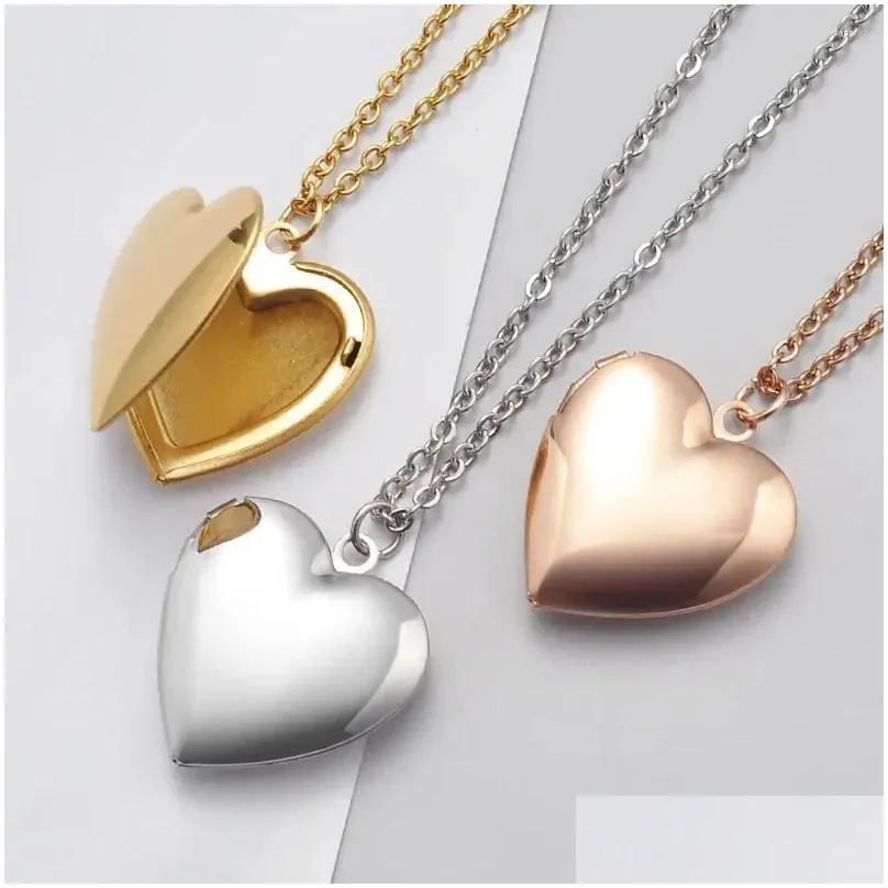 Pendant Necklaces 2Pcs Stainless Steel Heart Shaped Jewelry Gift Diy Necklace Po Picture Locket Frames Drop Delivery Dh7La
