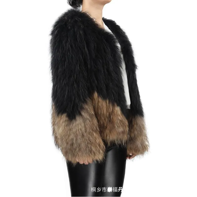 Women`s Vests Style Natural Raccoon Jacket Female Knitted Real Fur Coat W Hit Color Round Neck Warm Giacca Donna In Pelle Vera