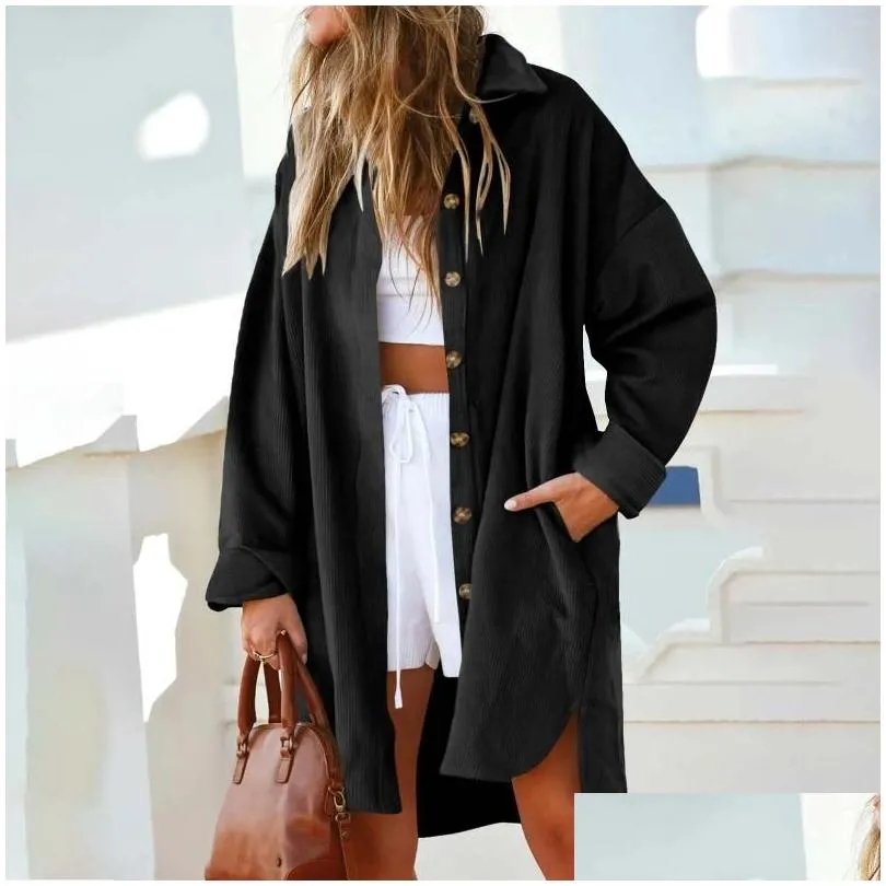 Women`s Blouses Womens Lapel Collar Long Corduroy Shirts Fashion Casual Button Down Side Slit Oversized Shacket Coat Spring Streetwear