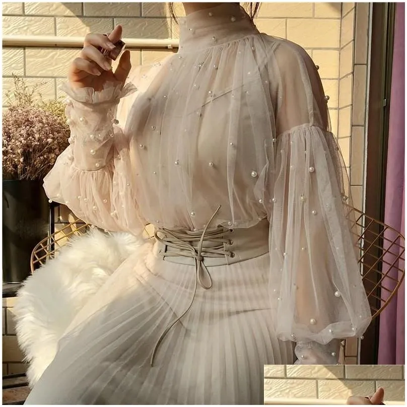Fashion Autumn Women lace bottoming shirt Sweet Beads Bubble Sleeve Pearls Button Gauze Ladies Elegant Mesh Blusas Tops