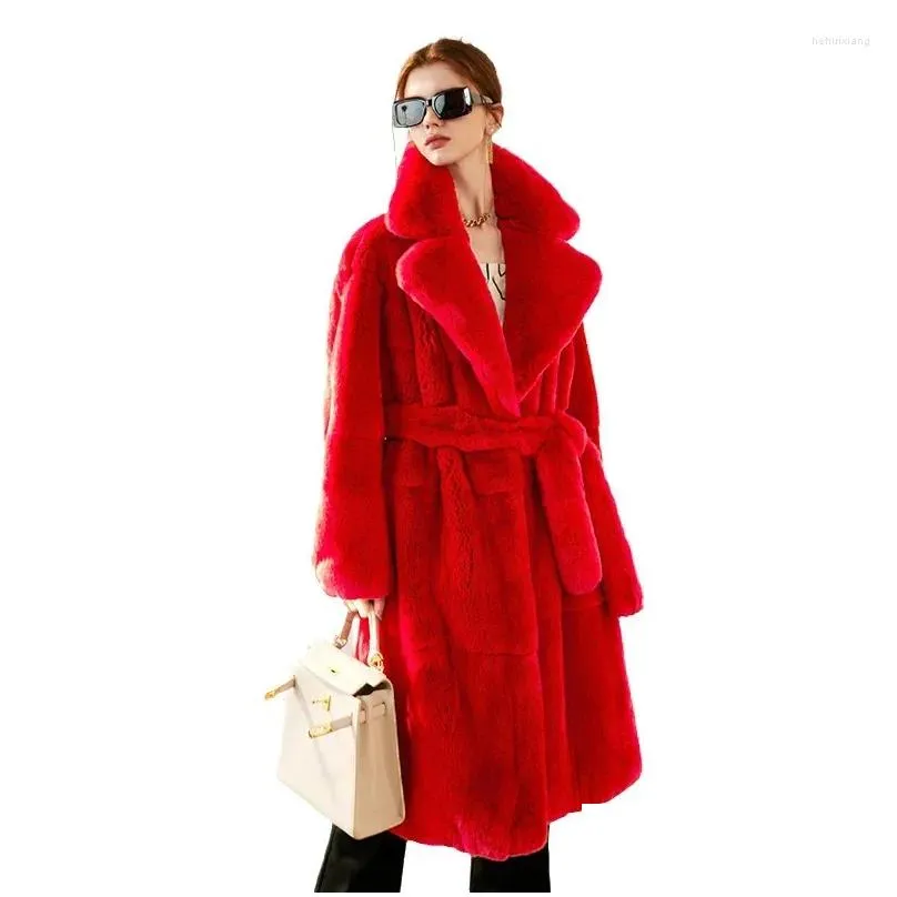 Women`s Fur Winter Faux Coat Women Warm Long Coats Fluffy Suit Collar Lace-up Chic Robe Solid Cardigan Jackets Sleeve