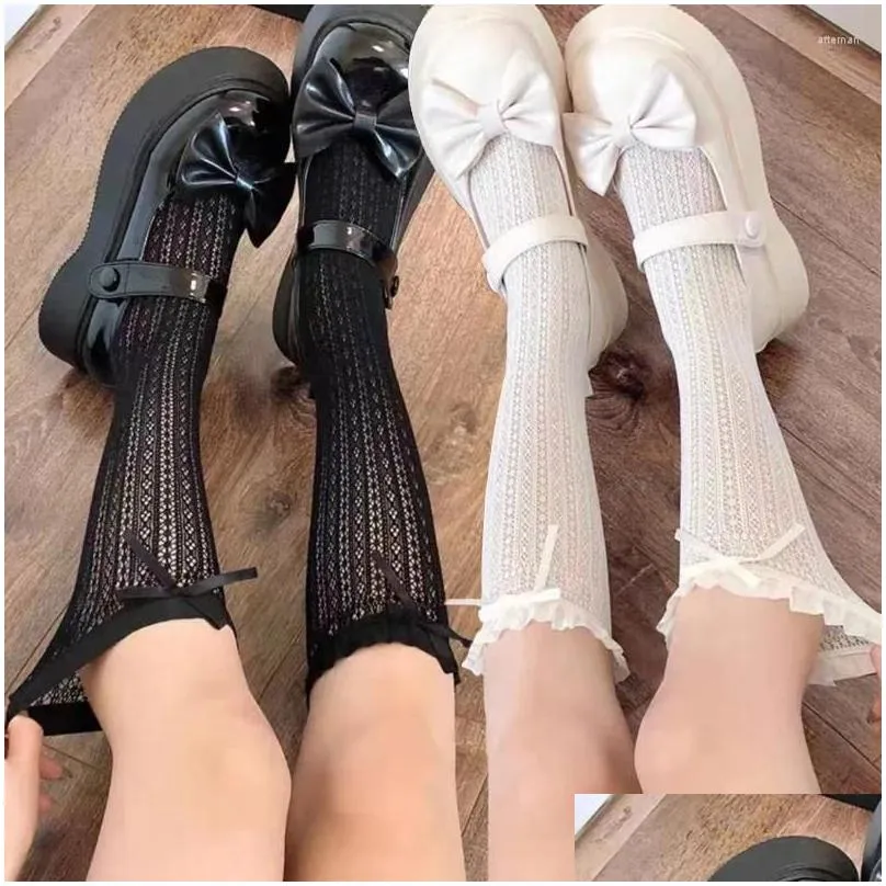 Women Socks Sweet Lace Fishnet Girls Y2K Hollow Mesh Lingerie JK Lolita Stockings Floral Bow Long Hosiery Cosplay Mid-calf Sock