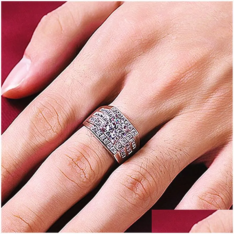 925 silver ring wide version of 3-row group inlay simulation diamond male plated white gold men ring