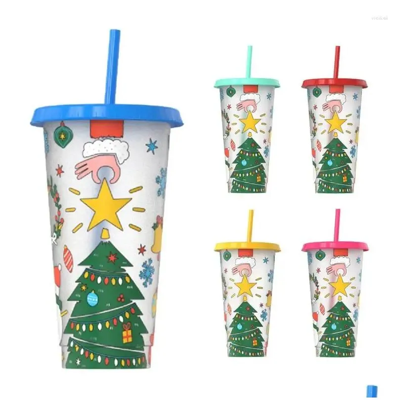 Mugs Color Changing Cups Reusable Water With Straws Colorful Plastic Cold Drinks Travel Tumbler For Milkshake Juice Drink