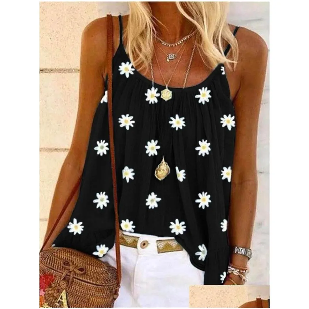 Women`s T-Shirt Sleeveless Loose Boho Beach T Shirt Female 2021 Summer Small Daisies Print Tops Casual Women Shirts Sexy Strap Tank