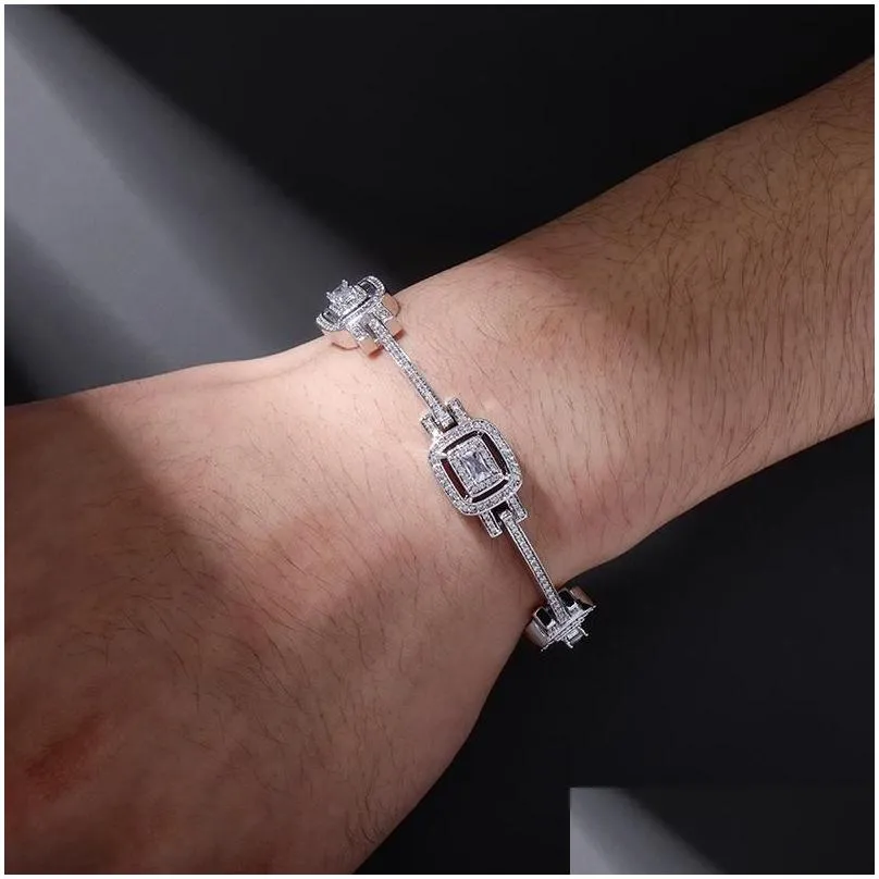 Bangle Iced Out Baguette Bracelet For Women Men In Gold Silver Zircon Prong Setting Brass Bangles Daily Hip-hop JewelryBangle