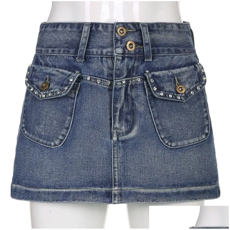 Skirts Vintage diamond denim mini tights Y2K Aesthetic Korean Kawaii Low Rise Skinny Wrap Bodycon jeans Penceil Skirt Women`s street wear