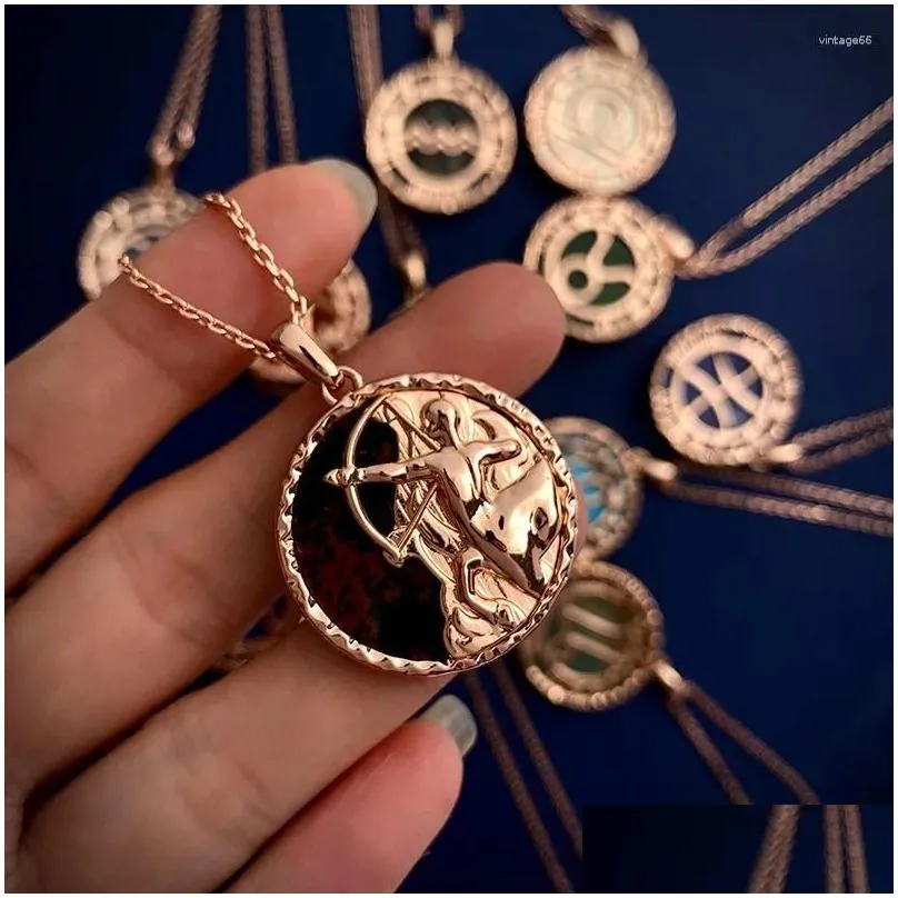 Pendant Necklaces 12 Zodiac Signs Creative Design Semi-Precious Stones Coin Long Necklace For Women Couple Jewelry Drop Delivery Dhrvq