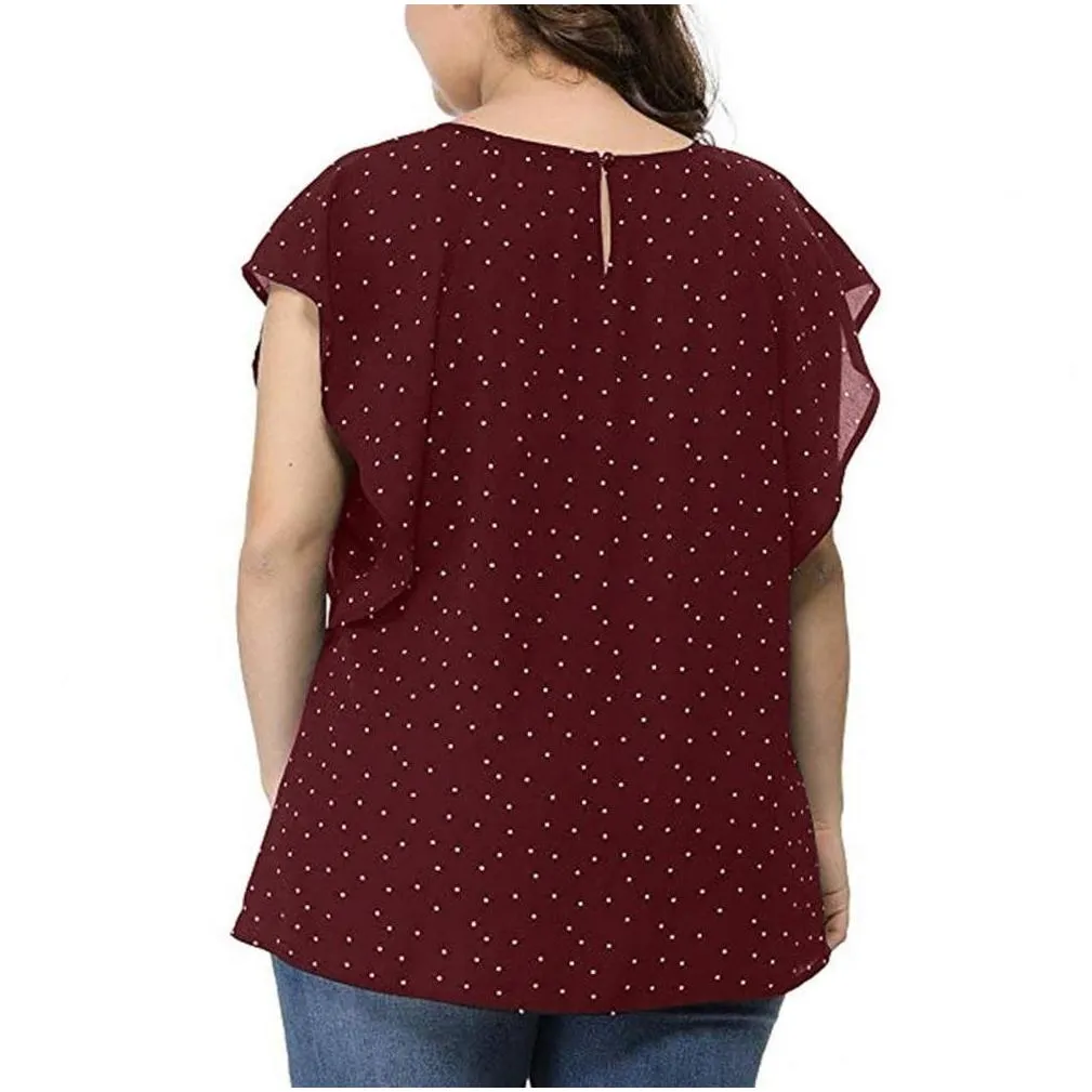 plus Size Elegant Women Blouse Top Round Neck Dot Print Ruffle Short Sleeves Thin Loose Lady Shirt Blouse w5vr#
