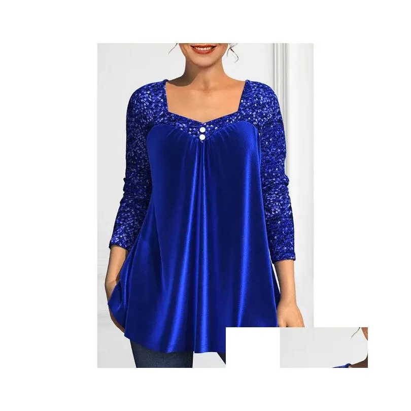 plus Size Casual Royal Blue Veet Sparkly Sequin Patchwork Square Neck Fold Christmas Blouse p4sC#