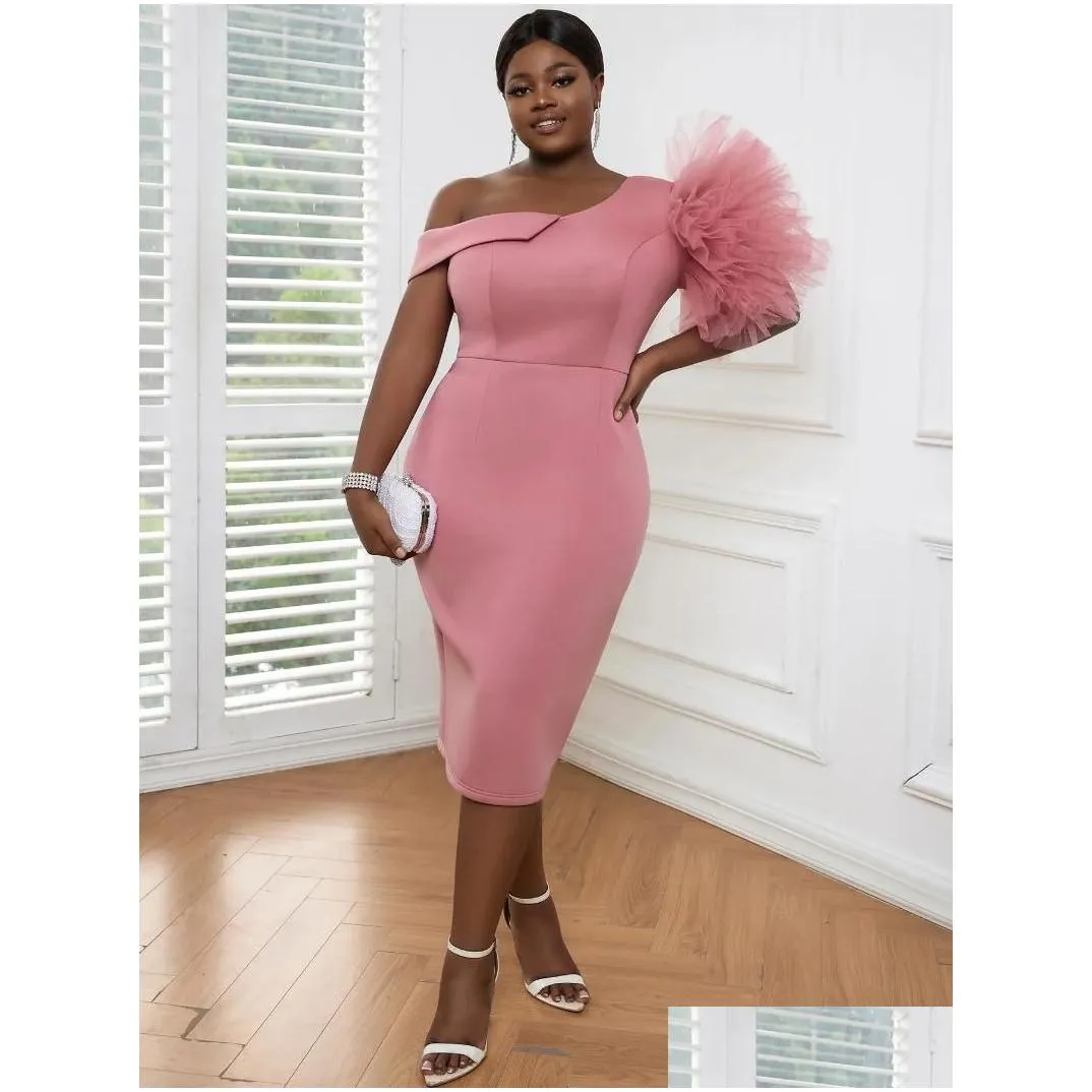 Plus Size Dresses Women`s Pink Rose Flower Dress Cold Shoulder High Waist Slim Sheath Evening Celebrate Birthday Wedding Guest